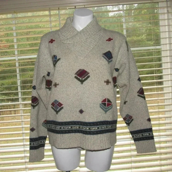 WOOLRICH Vintage 90s Shawl Collar Wool Blend Geometric Knit Sweater Size Large - Picture 2 of 5